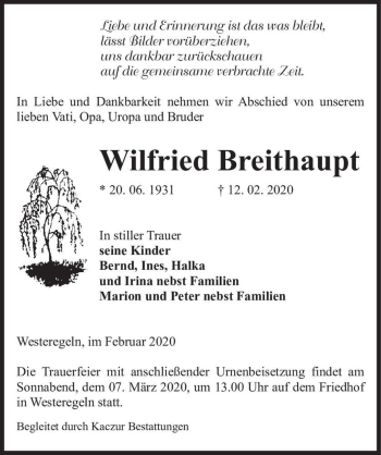 Traueranzeige von Wilfried Breithaupt  von Magdeburger Volksstimme