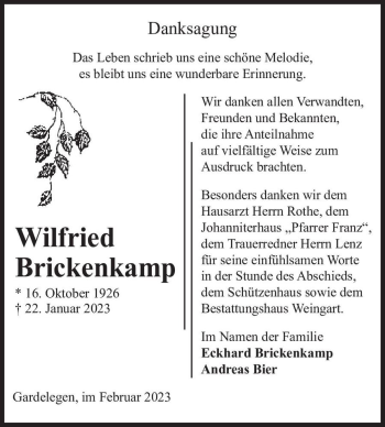 Traueranzeige von Wilfried Brickenkamp  von Magdeburger Volksstimme