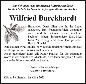 Traueranzeige von Wilfried Burckhardt  von Magdeburger Volksstimme