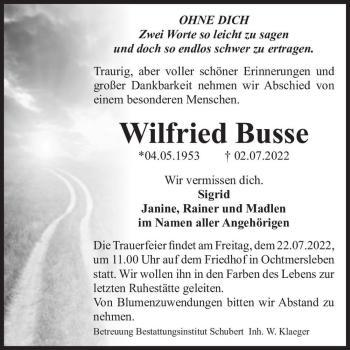 Traueranzeige von Wilfried Busse  von Magdeburger Volksstimme