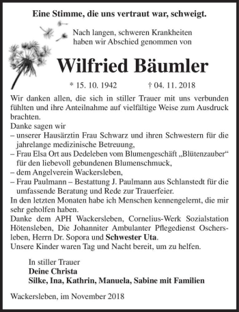 Traueranzeige von Wilfried Bäumler  von Magdeburger Volksstimme