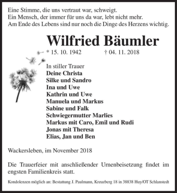 Traueranzeige von Wilfried Bäumler  von Magdeburger Volksstimme