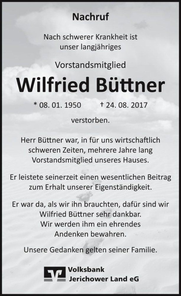  Traueranzeige für Wilfried Büttner  vom 30.08.2017 aus Magdeburger Volksstimme
