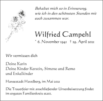 Traueranzeige von Wilfried Campehl  von Magdeburger Volksstimme