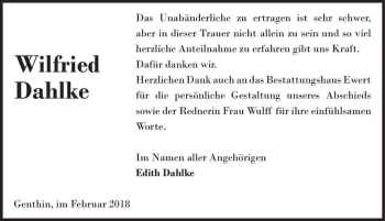 Traueranzeige von Wilfried Dahlke  von Magdeburger Volksstimme