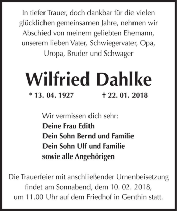 Traueranzeige von Wilfried Dahlke  von Magdeburger Volksstimme