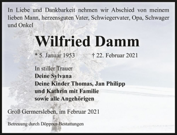 Traueranzeige von Wilfried Damm  von Magdeburger Volksstimme