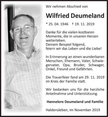 Traueranzeige von Wilfried Deumeland  von Magdeburger Volksstimme