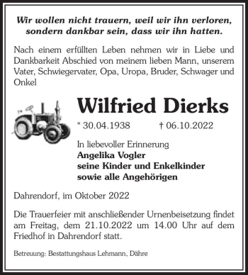 Traueranzeige von Wilfried Dierks  von Magdeburger Volksstimme