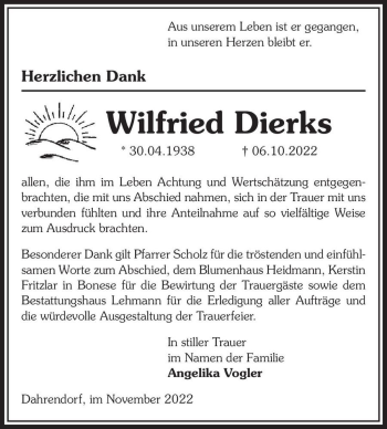 Traueranzeige von Wilfried Dierks  von Magdeburger Volksstimme