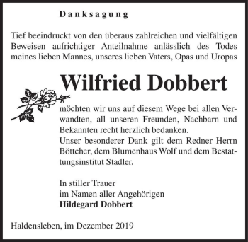 Traueranzeige von Wilfried Dobbert  von Magdeburger Volksstimme