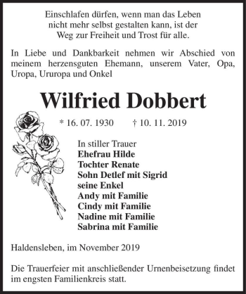 Traueranzeige von Wilfried Dobbert  von Magdeburger Volksstimme
