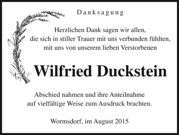 Traueranzeige von Wilfried Duckstein  von Magdeburger Volksstimme