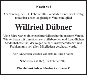 Traueranzeige von Wilfried Dübner  von Magdeburger Volksstimme