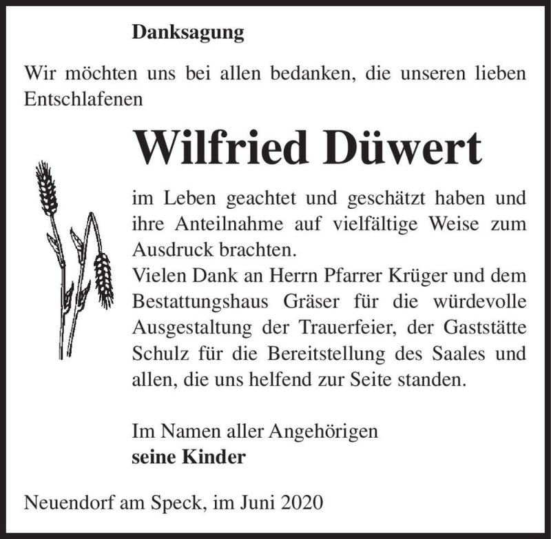  Traueranzeige für Wilfried Düwert  vom 30.06.2020 aus Magdeburger Volksstimme