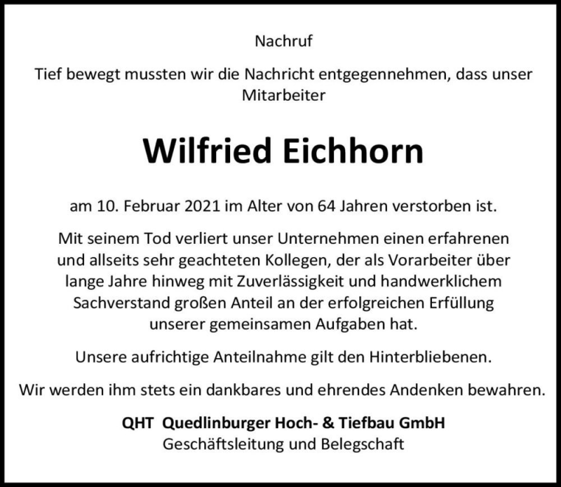  Traueranzeige für Wilfried Eichhorn  vom 20.02.2021 aus Magdeburger Volksstimme