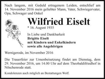 Traueranzeige von Wilfried Eiselt  von Magdeburger Volksstimme