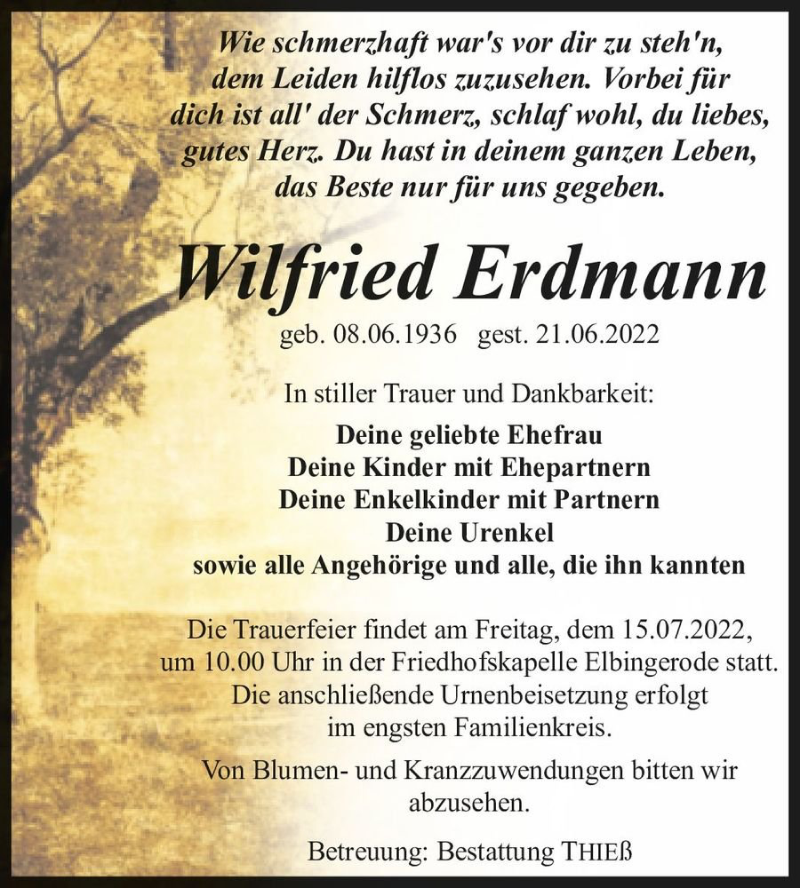  Traueranzeige für Wilfried Erdmann  vom 02.07.2022 aus Magdeburger Volksstimme