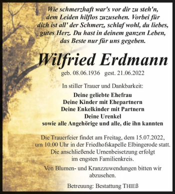 Traueranzeige von Wilfried Erdmann  von Magdeburger Volksstimme