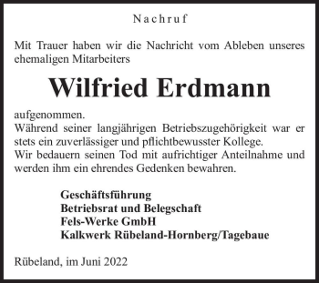 Traueranzeige von Wilfried Erdmann  von Magdeburger Volksstimme