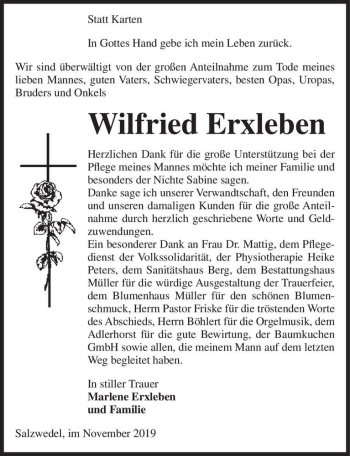 Traueranzeige von Wilfried Erxleben  von Magdeburger Volksstimme