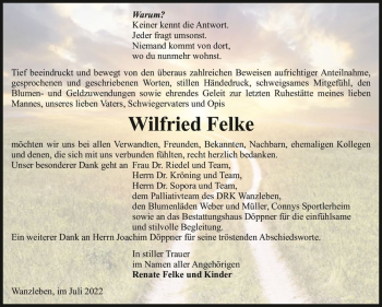 Traueranzeige von Wilfried Felke  von Magdeburger Volksstimme