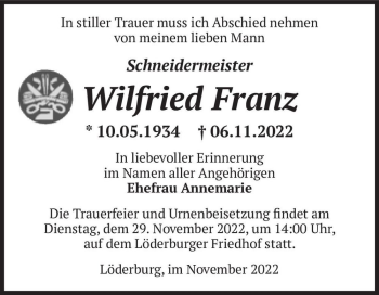 Traueranzeige von Wilfried Franz  von Magdeburger Volksstimme