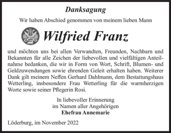 Traueranzeige von Wilfried Franz  von Magdeburger Volksstimme