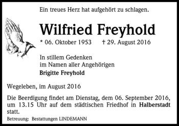 Traueranzeige von Wilfried Freyhold  von Magdeburger Volksstimme