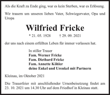 Traueranzeige von Wilfried Fricke  von Magdeburger Volksstimme