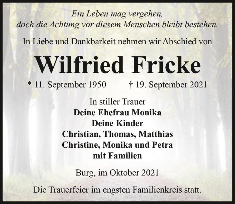  Traueranzeige für Wilfried Fricke  vom 02.10.2021 aus Magdeburger Volksstimme