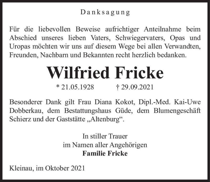  Traueranzeige für Wilfried Fricke  vom 30.10.2021 aus Magdeburger Volksstimme