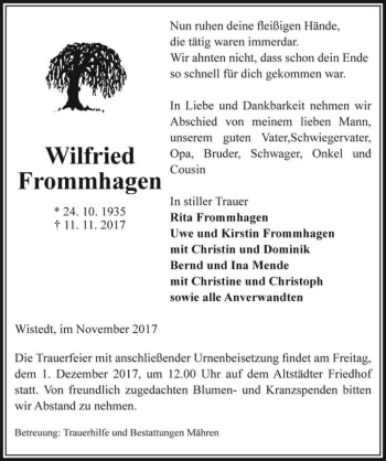 Traueranzeige von Wilfried Frommhagen  von Magdeburger Volksstimme