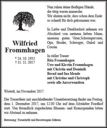 Traueranzeige von Wilfried Frommhagen  von Magdeburger Volksstimme