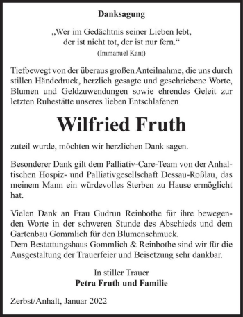 Traueranzeige von Wilfried Fruth  von Magdeburger Volksstimme
