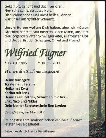 Traueranzeige von Wilfried Fügner  von Magdeburger Volksstimme