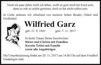 Traueranzeige von Wilfried Garz  von Magdeburger Volksstimme