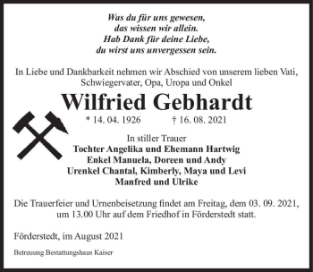 Traueranzeige von Wilfried Gebhardt  von Magdeburger Volksstimme