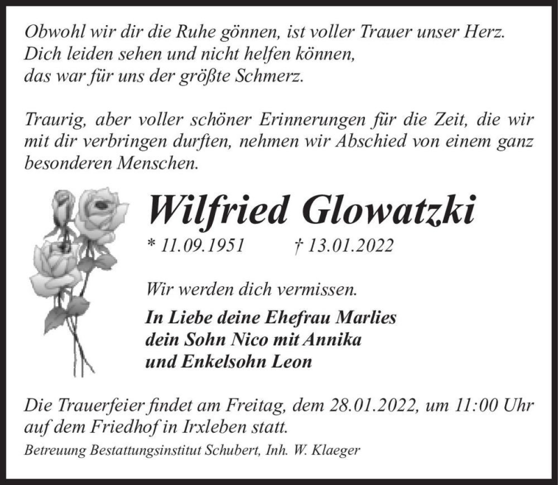  Traueranzeige für Wilfried Glowatzki  vom 22.01.2022 aus Magdeburger Volksstimme