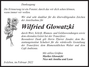 Traueranzeige von Wilfried Glowatzki  von Magdeburger Volksstimme