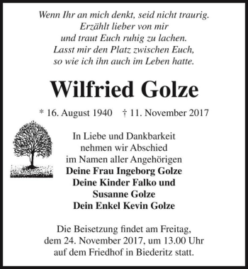 Traueranzeige von Wilfried Golze  von Magdeburger Volksstimme