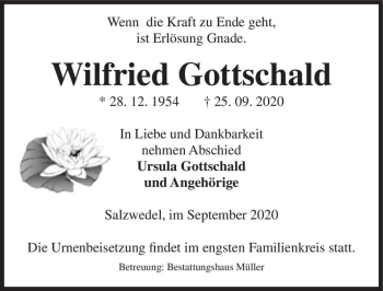 Traueranzeige von Wilfried Gottschald  von Magdeburger Volksstimme