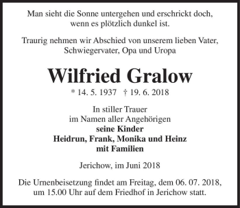 Traueranzeige von Wilfried Gralow  von Magdeburger Volksstimme