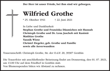 Traueranzeige von Wilfried Grothe  von Magdeburger Volksstimme
