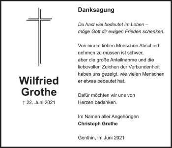 Traueranzeige von Wilfried Grothe  von Magdeburger Volksstimme