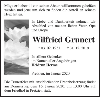 Traueranzeige von Wilfried Grunert  von Magdeburger Volksstimme