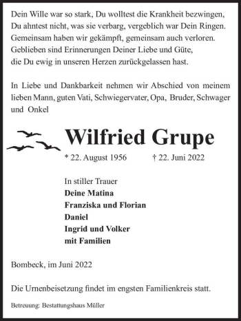 Traueranzeige von Wilfried Grupe  von Magdeburger Volksstimme