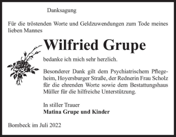 Traueranzeige von Wilfried Grupe  von Magdeburger Volksstimme