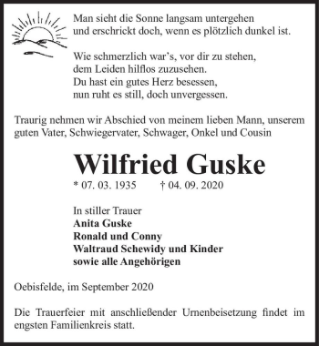 Traueranzeige von Wilfried Guske  von Magdeburger Volksstimme