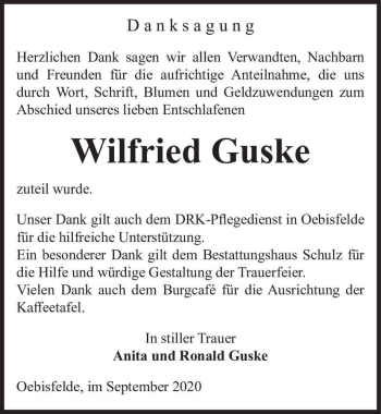 Traueranzeige von Wilfried Guske  von Magdeburger Volksstimme